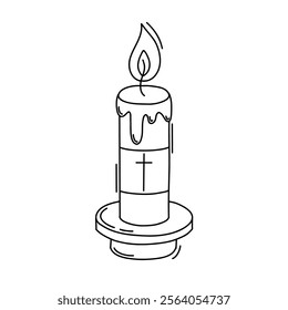 Doodle of Burning church candle with cross. Christian religion. Vector illustration