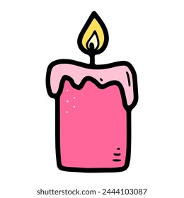 Doodle burning dopamine style candle. Hand-drawn pink candlestick decor isolated on white background. Holiday, Valentines Day, Birthday, Christmas, church, line symbol. Vector festive illustration