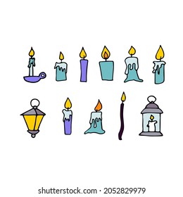 Doodle burning dripping wax candle set. Hand-drawn candlestick, lamp decor on white background. Holiday, Valentines Day, Birthday, Christmas, church, Halloween line symbol. Vector festive illustration