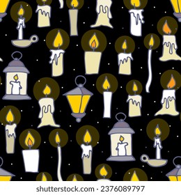 Doodle burning floating candles seamless pattern. Hand-drawn candlestick, lamp on dark sky background. Holiday, Christmas, church, Halloween dripping wax lights symbol. Vector festive illustration
