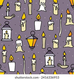 Doodle burning floating candles seamless pattern. Hand-drawn candlestick, lamp on taupe dot background. Holiday, Christmas, church, Halloween dripping wax lights symbol. Vector festive illustration