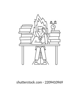 Doodle burnout concept. Tired man sitting table line illustration. Sad employee in office littered with papers. Vector man with fire over his head.