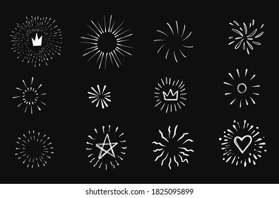 Doodle burst in vintage style on black background. Black vector hand drawn sketch illustration. Sun, starburst, sparkle, sunburst set. Line sparkle explosion. Marker handdrawn line. Retro spark shine