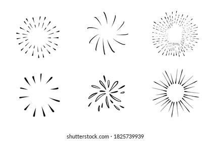 Doodle Burst In Vintage Style On White Background. Black Vector Hand Drawn Sketch Illustration. Sun, Starburst, Sparkle, Sunburst Set. Line Sparkle Explosion. Marker Handdrawn Line. Retro Spark Shine