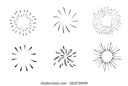 Doodle burst in vintage style on white background. Black vector hand drawn sketch illustration. Sun, starburst, sparkle, sunburst set. Line sparkle explosion. Marker handdrawn line. Retro spark shine