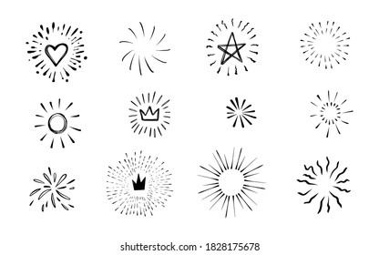 Doodle burst in vintage style on white background. Black vector hand drawn sketch illustration. Sun, starburst, sparkle, sunburst set. Line sparkle explosion. Marker handdrawn line. Retro spark shine