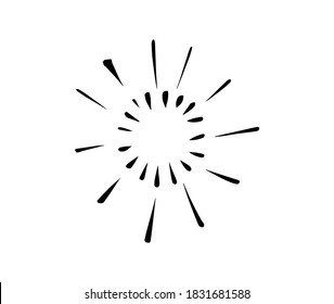 Doodle burst in vintage style on white background. Black vector hand drawn sketch illustration. Line sun explosion sparkles. Hand drawn line starburst or sunburst. Retro shining sparks.