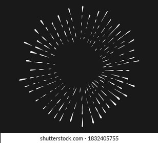 Doodle burst in vintage style on black background. White vector hand drawn sketch illustration. Sun, starburst, sparkle, sunburst set. Line sparkle explosion. Marker handdrawn line. Retro spark shine