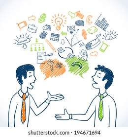 Doodle business conversation sketch concept with businessmen chatting and finance icons isolated vector illustration