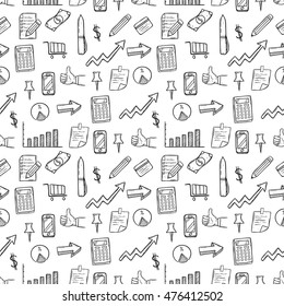 doodle business equipment in seamless pattern with white background