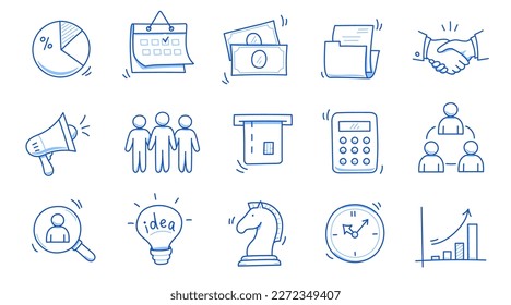 Juego de iconos de Doodle business. Doodle business, finance, concepto de trabajo en equipo de oficina. Calendario, calculadora, elemento gráfico. Ilustración vectorial de estilo de esbozo dibujado con mano