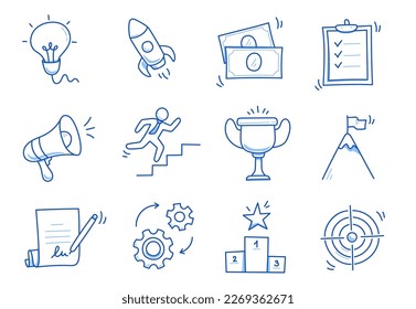 Doodle business icon set. Success, target, goal hand drawn sketch blue pen stroke style icon. Marketing, career, ofiice concept doodle drawn collection. Vector illustration