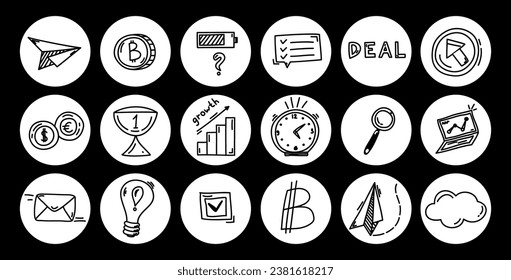 Doodle business icons in circles, sketch elements, financial hand drawn illustration. Vector growth success concept