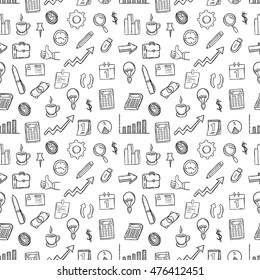 doodle business icons or elements in seamless pattern with white background