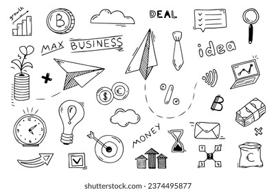 Iconos de negocios de Doodle. Conjunto financiero hecho a mano. Crecimiento de la carrera y el éxito. Ilustración de esbozo del vector.