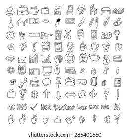 Doodle business icons set. Black Hand drawn icons on white background