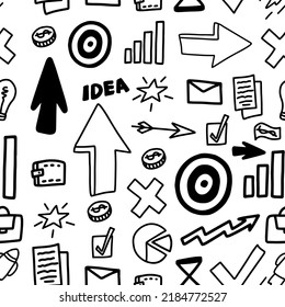 Doodle business infographic symbol set isolated on white background. Seamless pattern.Management concept. Simple graphic hand drawn sketch, vector illustration.