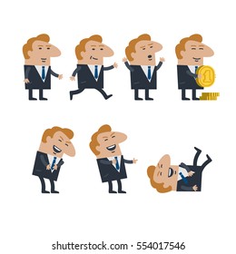 Doodle business man cartoon spots in different poses of various situations in office. Flat vector icon set for corporate culture context. Isolated characters on white background.
