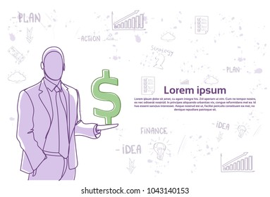 Doodle Business Man Holding Dollar Sign Over Abstract Hand Drawn Background Finance Growth Concept Vector Illustration