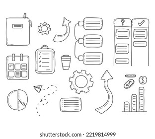 Los iconos de administración y negocios de Doodle agrupan el vector aislado. Concepto de equilibrio de vida laboral. Gestión del tiempo. Objetivos exitosos. Iconos de concepto de CMS.