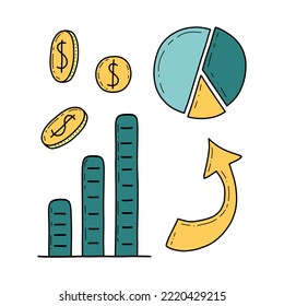 Doodle business and management icons bundle vector isolated. Work life balance concept. Time management. Successful goals. Making or spending money. CMS concept icons.