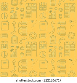 Doodle business and management vector seamless pattern. Work life balance concept. Time management. Successful goals. CMS concept icons. Wallpaper and background.