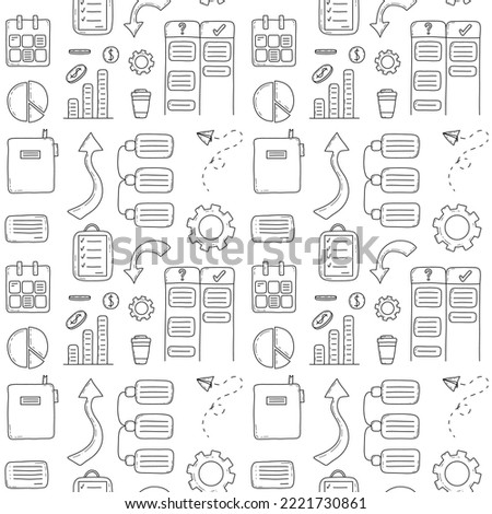 Doodle business and management vector seamless pattern. Work life balance concept. Time management. Successful goals. CMS concept icons. Wallpaper and background.