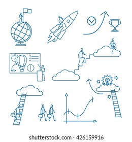 Doodle business people blue linear icons on white background. Vector illustration 