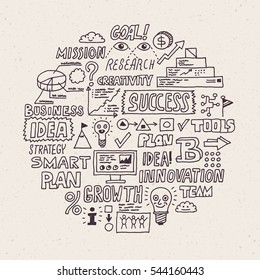 Doodle Business People with Graph and Charts. Hand Drawn Vector Circle Color Illustration.
