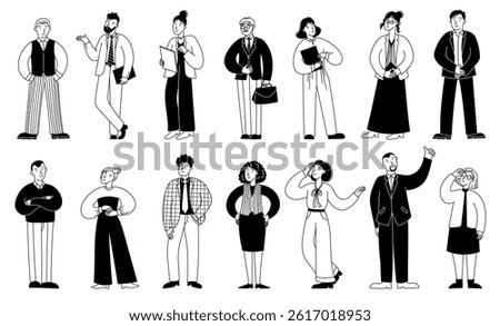 Doodle business people set. Line sketch office persons, black outline diverse group of men and women characters in formal clothes. Vector businessman community set.