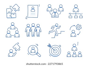 Juego de iconos del equipo de negocios Doodle. La comunidad de trabajo en equipo Doodle, el concepto de trabajo en grupo. Objetivo, engranaje, elemento de rompecabezas. Pluma azul estilo boceto dibujado a mano. Ilustración del vector