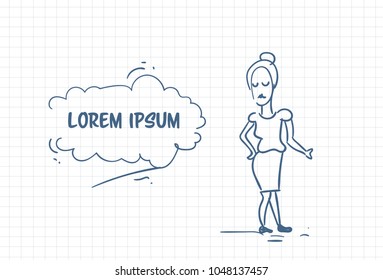 Doodle Business Woman Hand Drawn Over Background With Copy Space