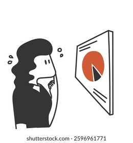 doodle business woman looking at pie chart data illustration