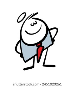 Doodle businessman in a business suit with  halo is proud of himself. Vector illustration of narcissistic boss closed his eyes and puffed out his chest. Isolated funny character on white background.