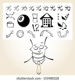 Doodle businessman cartoon character with an icon set from his head. Business icons about making significant decision.