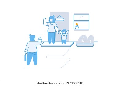 doodle businessman chacter going to work, father say good bye to familly. 