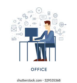 Doodle Businessman character sitting at the desk in the office vector illustration. Flat design.