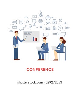 Doodle Businessman giving a presentation. Business meeting. People talking on-line. Teamwork analyzing project on business meeting.  Flat design vector illustration.