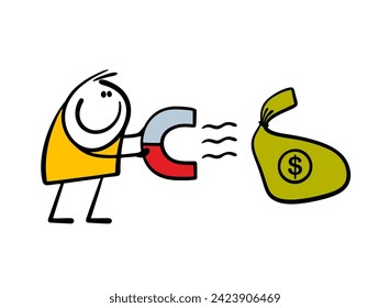 El empresario Doodle sostiene una bolsa de dinero y un imán. Ilustración vectorial del bienestar financiero y el éxito comercial en los negocios y el trabajo. Caricatura aislada sobre fondo blanco.