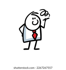 Doodle businessman in office suit  smokes during break and has rest. Vector illustration of relaxing stick figure man after work.