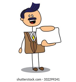 Doodle businessman showing blank card