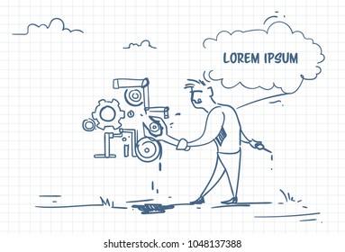 Doodle Businessman With Spanner Manager Adjusts Mechanism. Support Service Concept