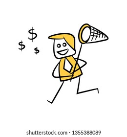 doodle businessman using hand net to catch money