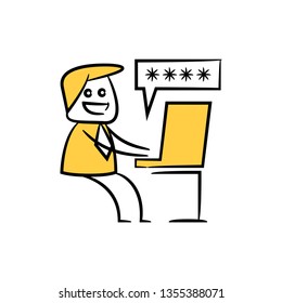 doodle businessman working on computer typing password for security concept