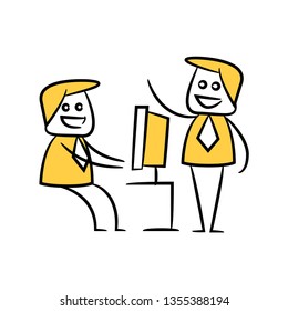doodle businessman working on computer and his colleague