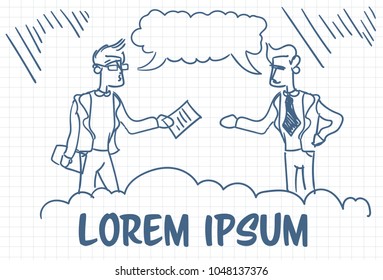 Doodle Businessmen Giving Contract Document Hand Drawn Over Background With Copy Space