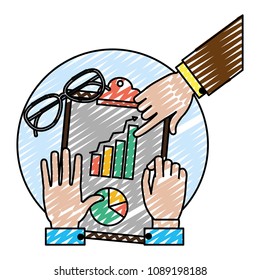 doodle businessmen hands with graphic statistics diagram and glasses