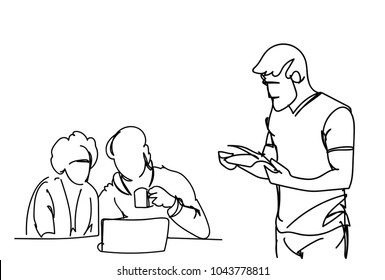 Doodle Businesspeople On Brainstorming Meeting Business Men Work Together Sitting At Office Desk Discuss Strategy Vector Illustration