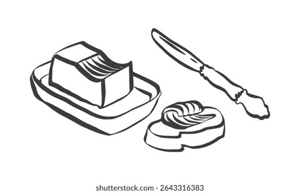 Doodle of butter curl and knife. Whimsical icon of breakfast in simple crayon and sketch style. Trendy art for menus and brunch invitations. Vintage vector illustration