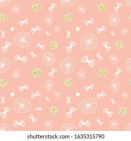 doodle butterflies and wildflowers on a pink background seamless vector pattern